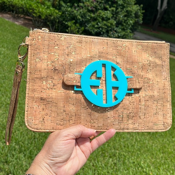 Grateful Bags Handbags - NWOT Cork Clutch Wristlet with Turquoise Monogram & Pink Interior, Grateful Bags